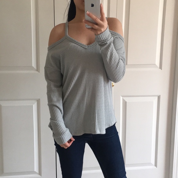 LIV - Light Blue Waffle Material Shoulder Cutout Top Blouse - Picture 5 of 7